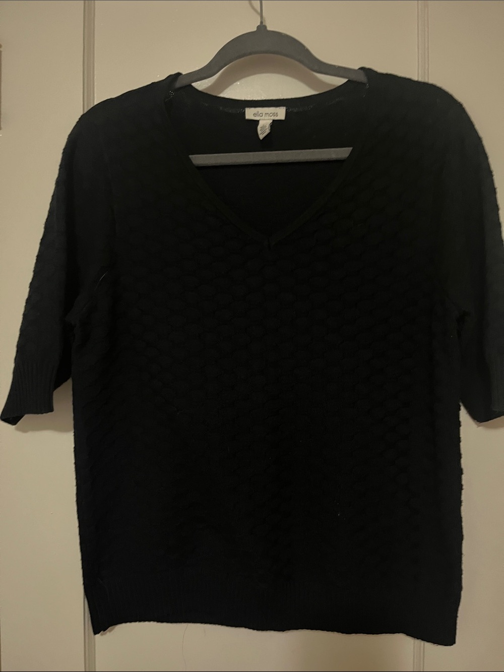 Ella Moss Black V-Neck Textured Short-Sleeve Sweater